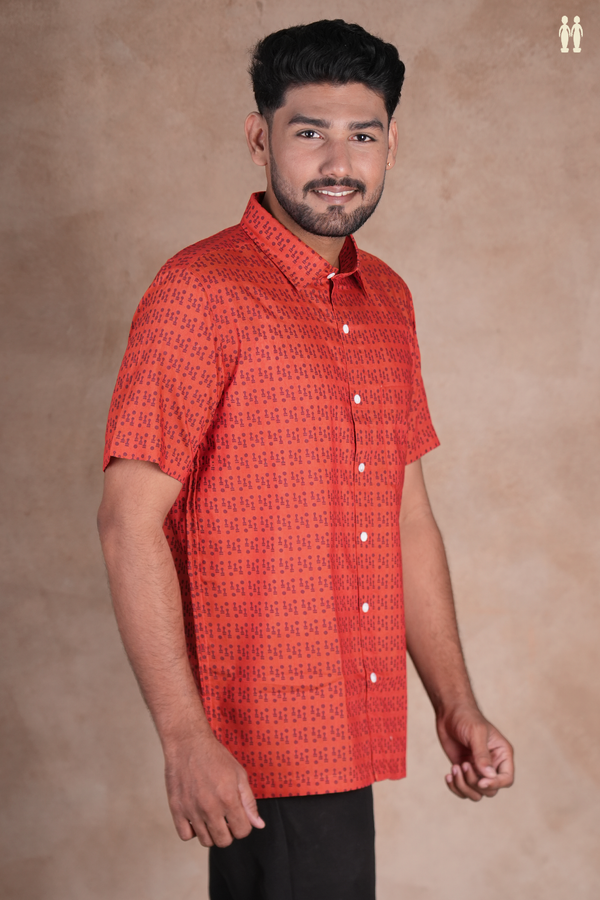 Regular Collar Printed Design Orange Cotton Shirt