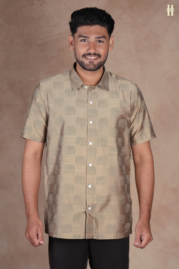 Regular Collar Elephant Design Dusty Olive Raw Silk Shirt