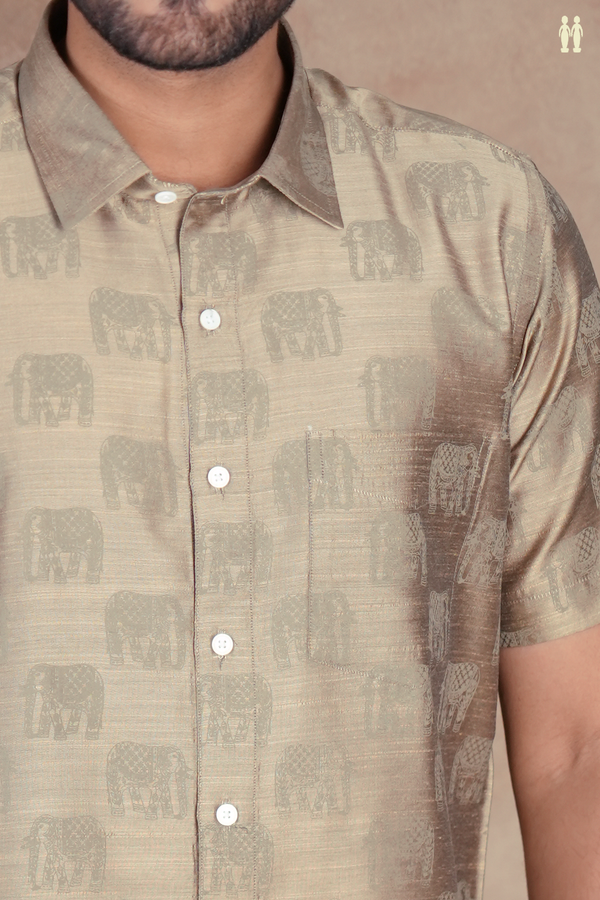 Regular Collar Elephant Design Dusty Olive Raw Silk Shirt