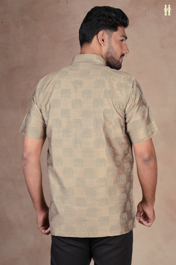 Regular Collar Elephant Design Dusty Olive Raw Silk Shirt