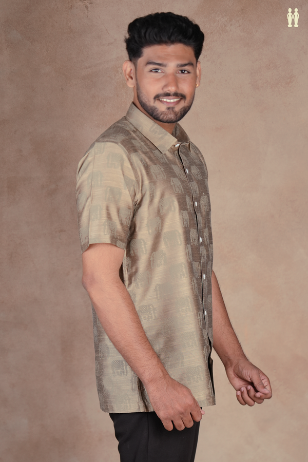 Regular Collar Elephant Design Dusty Olive Raw Silk Shirt