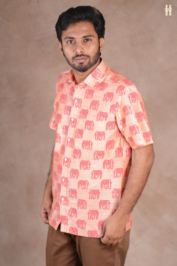 Regular Collar Elephant Design Pinkish Peach Raw Silk Shirt