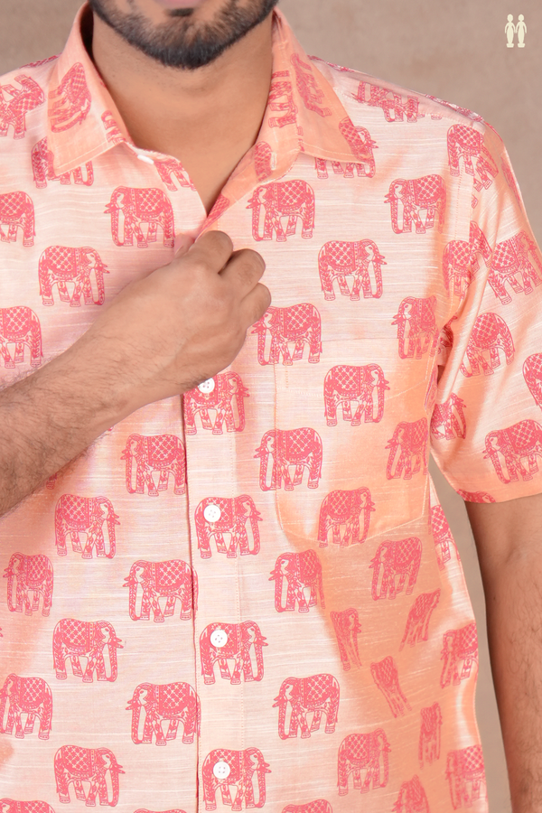 Regular Collar Elephant Design Pinkish Peach Raw Silk Shirt