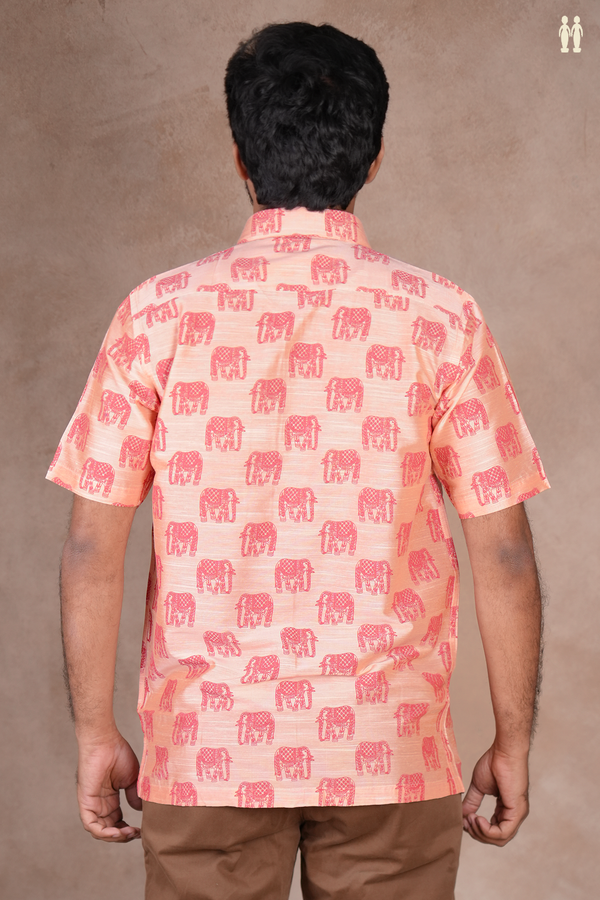 Regular Collar Elephant Design Pinkish Peach Raw Silk Shirt