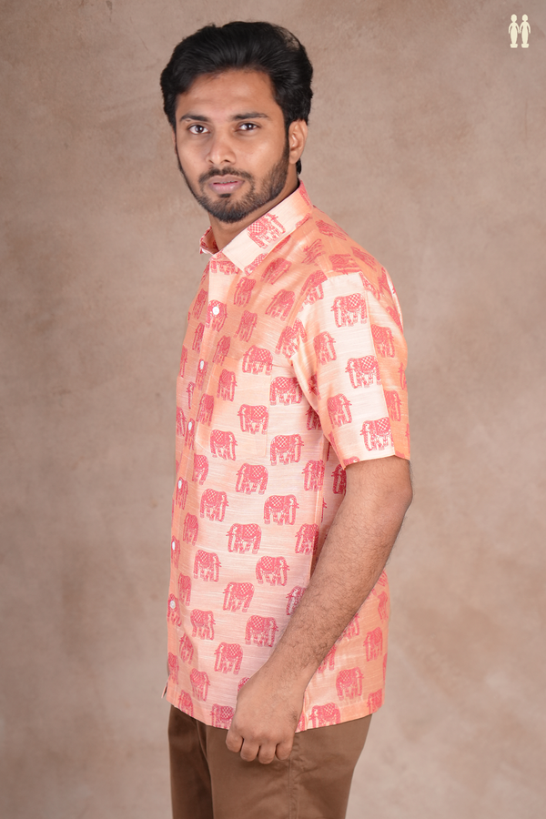 Regular Collar Elephant Design Pinkish Peach Raw Silk Shirt