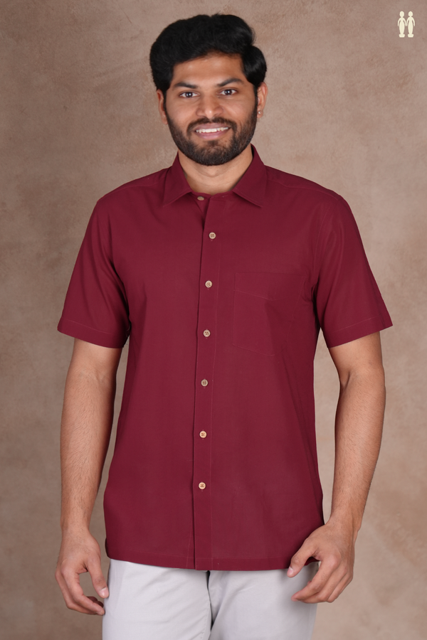 Regular Collar Plain Burgundy Red Cotton Shirt