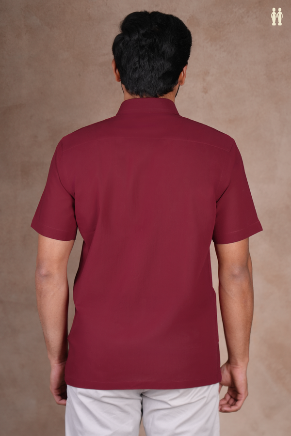 Regular Collar Plain Burgundy Red Cotton Shirt