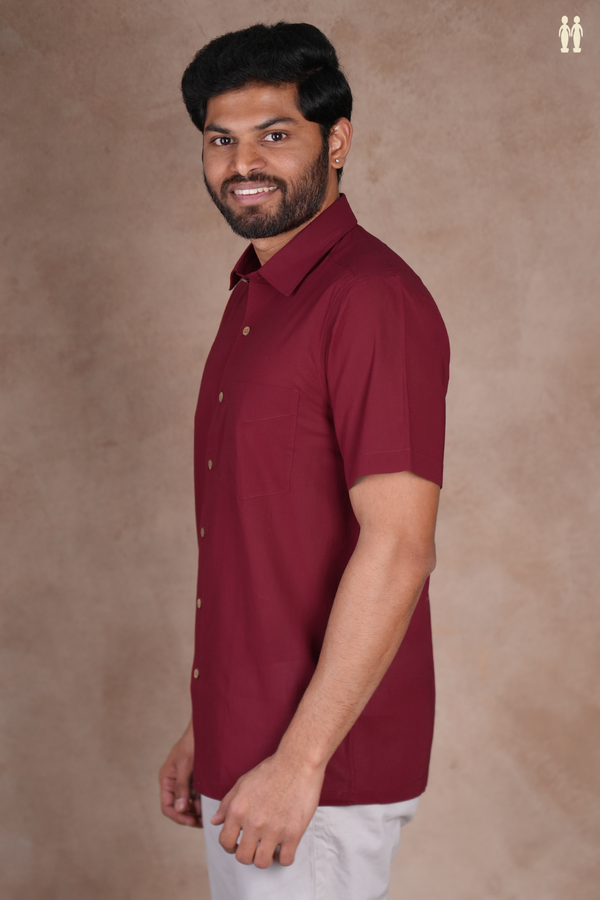 Regular Collar Plain Burgundy Red Cotton Shirt