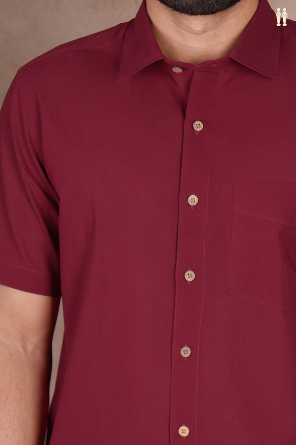 Regular Collar Plain Burgundy Red Cotton Shirt