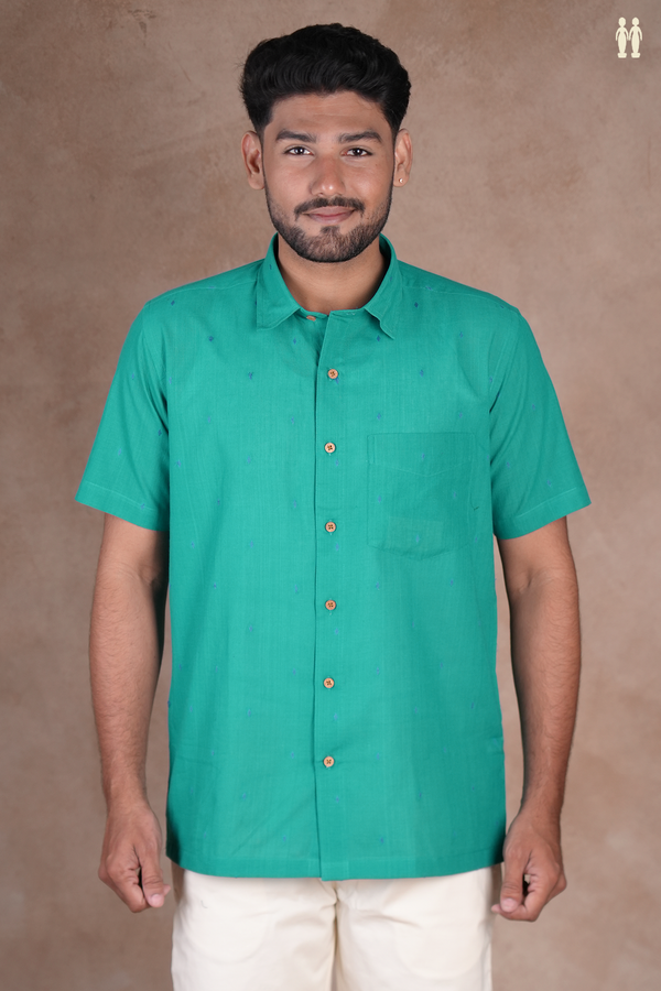 Regular Collar Threadwork Buttis Teal Green Cotton Shirt