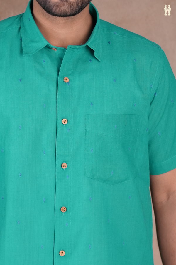 Regular Collar Threadwork Buttis Teal Green Cotton Shirt