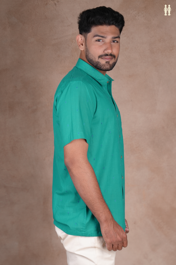 Regular Collar Threadwork Buttis Teal Green Cotton Shirt