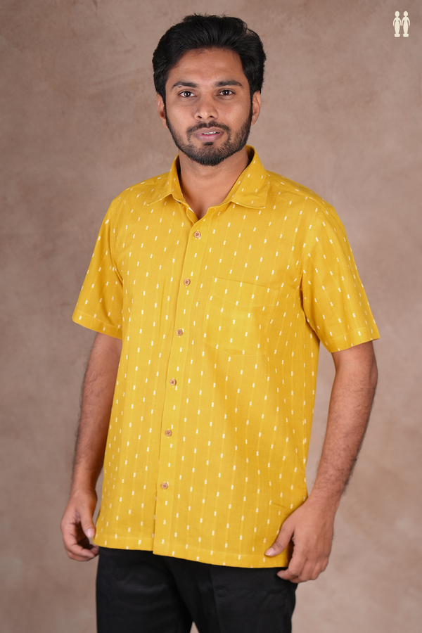Regular Collar Threadwork Buttis Yellow Cotton Shirt