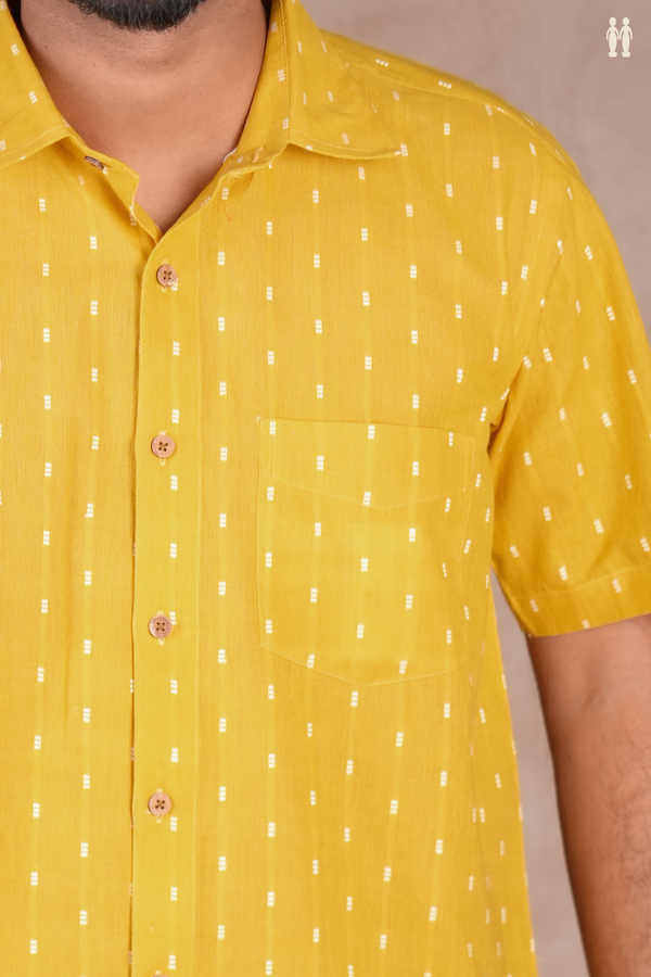 Regular Collar Threadwork Buttis Yellow Cotton Shirt
