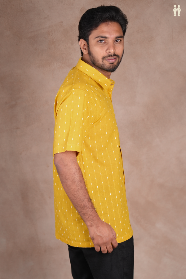 Regular Collar Threadwork Buttis Yellow Cotton Shirt