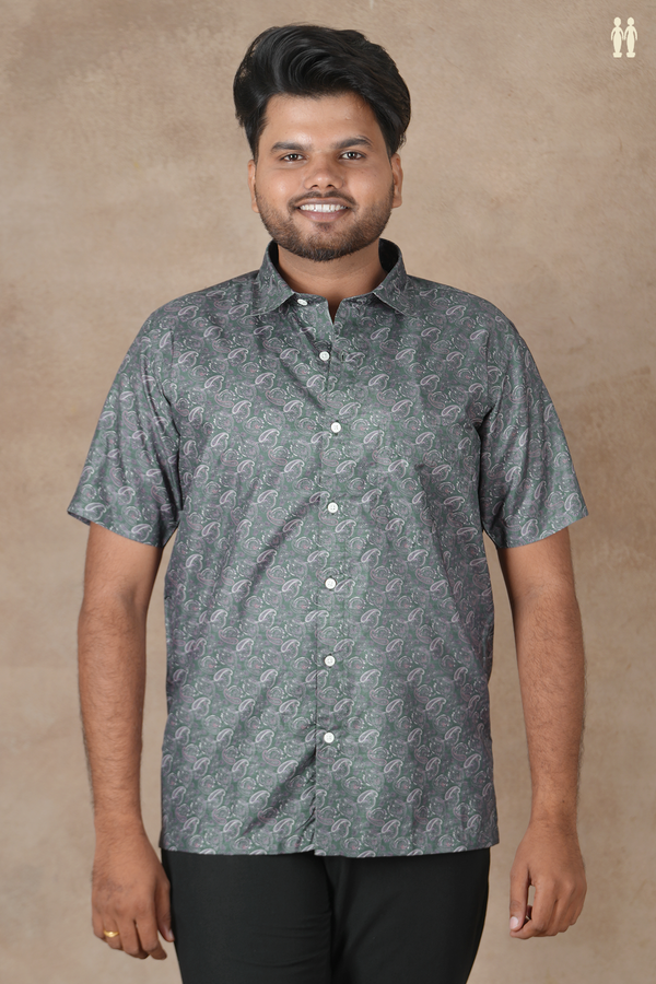 Regular Collar Paisley Design Charcoal Grey Silk Shirt