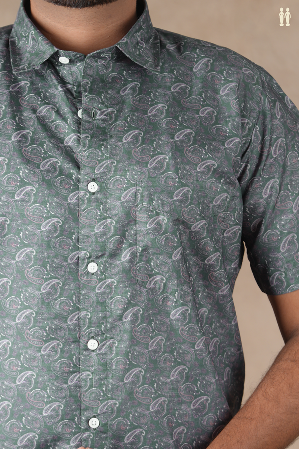 Regular Collar Paisley Design Charcoal Grey Silk Shirt