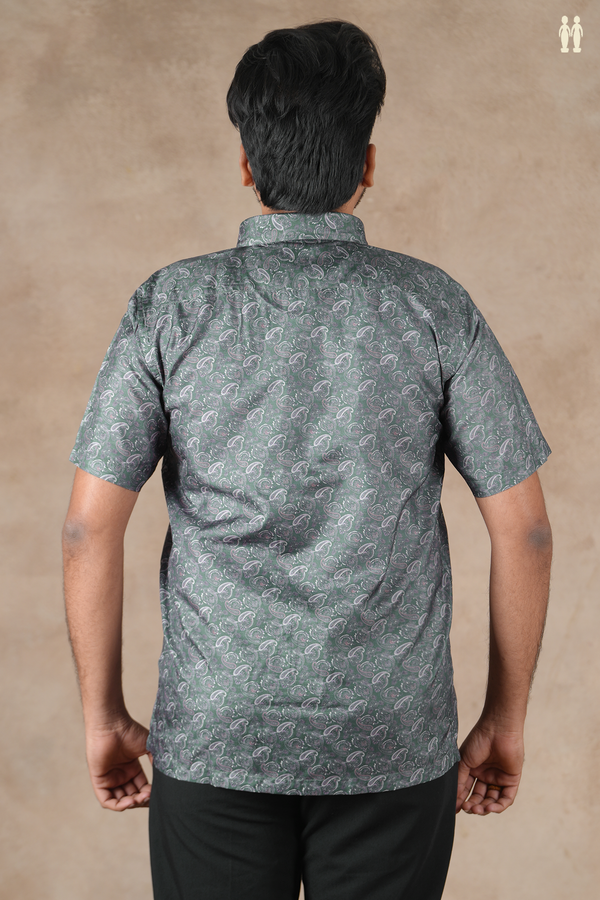 Regular Collar Paisley Design Charcoal Grey Silk Shirt