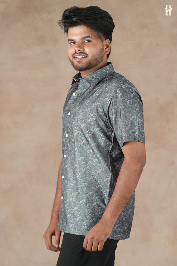 Regular Collar Paisley Design Charcoal Grey Silk Shirt
