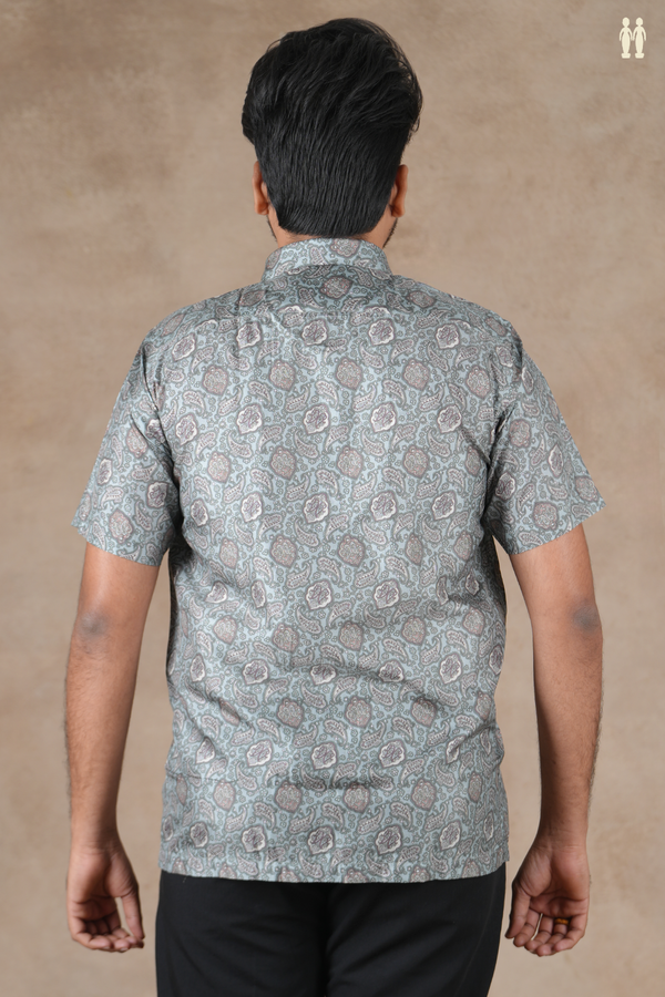 Regular Collar Paisley Design Blush Blue Silk Shirt