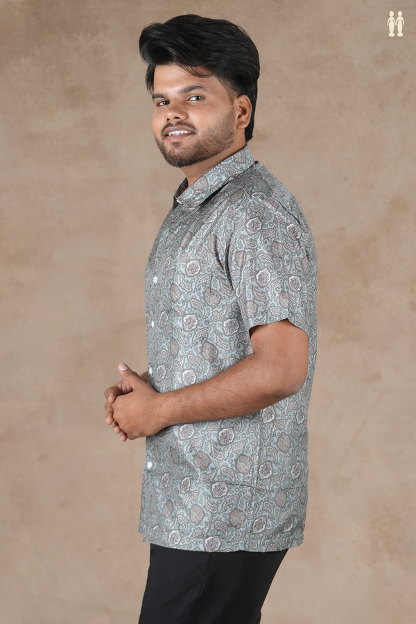 Regular Collar Paisley Design Blush Blue Silk Shirt