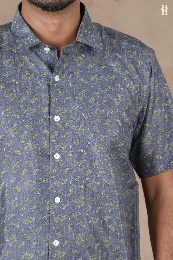 Regular Collar Paisley Design Pigeon Blue Silk Shirt