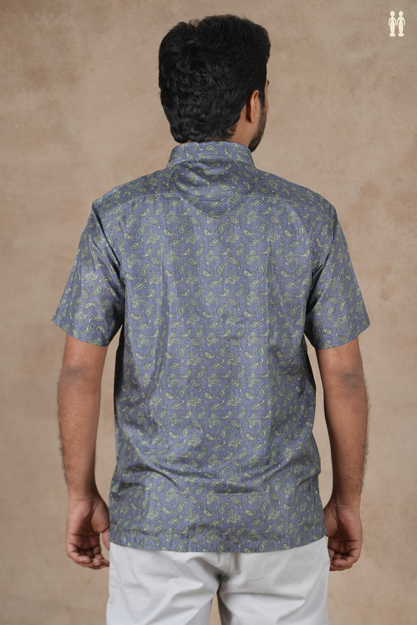Regular Collar Paisley Design Pigeon Blue Silk Shirt
