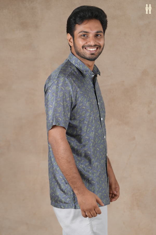 Regular Collar Paisley Design Pigeon Blue Silk Shirt