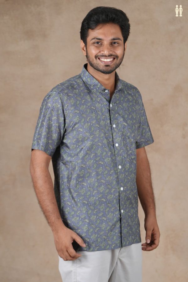 Regular Collar Paisley Design Pigeon Blue Silk Shirt