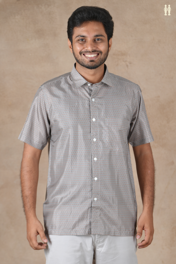 Regular Collar Printed Design Grey Silk Shirt
