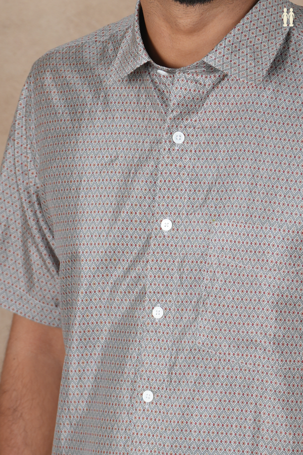 Regular Collar Printed Design Grey Silk Shirt
