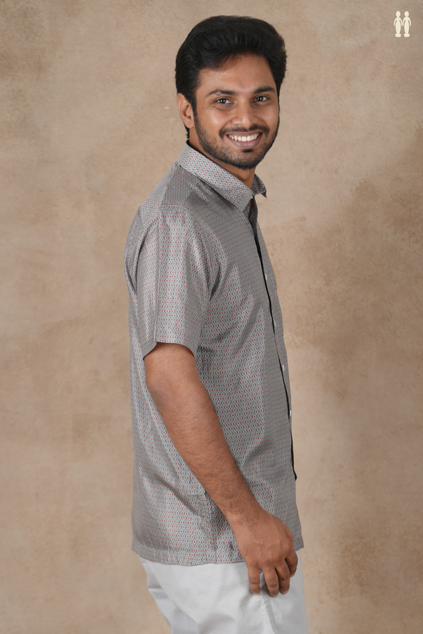 Regular Collar Printed Design Grey Silk Shirt