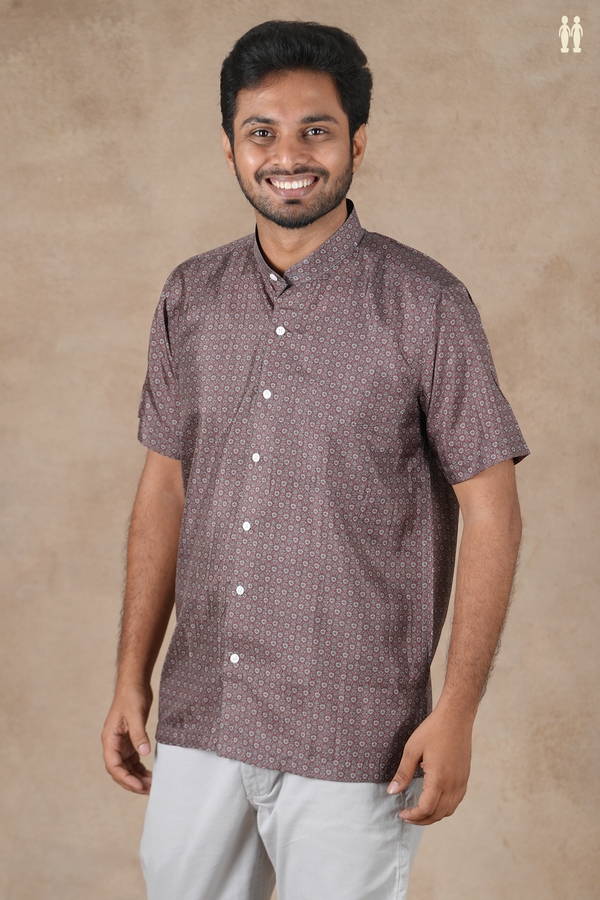 Regular Collar Printed Design Maroon Silk Shirt
