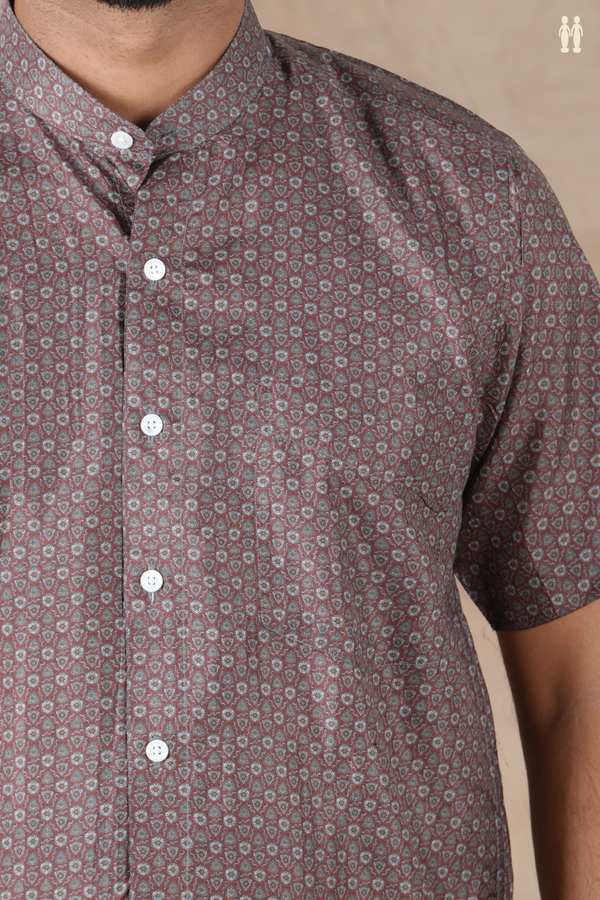Regular Collar Printed Design Maroon Silk Shirt