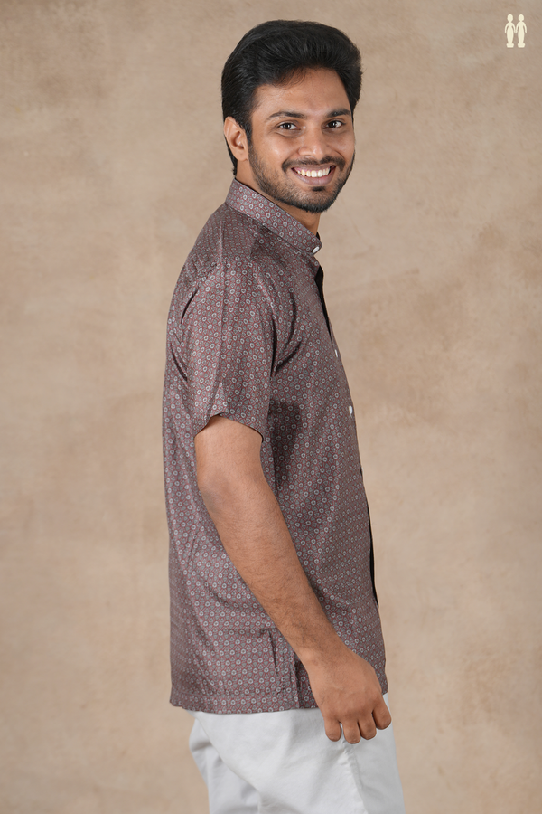 Regular Collar Printed Design Maroon Silk Shirt