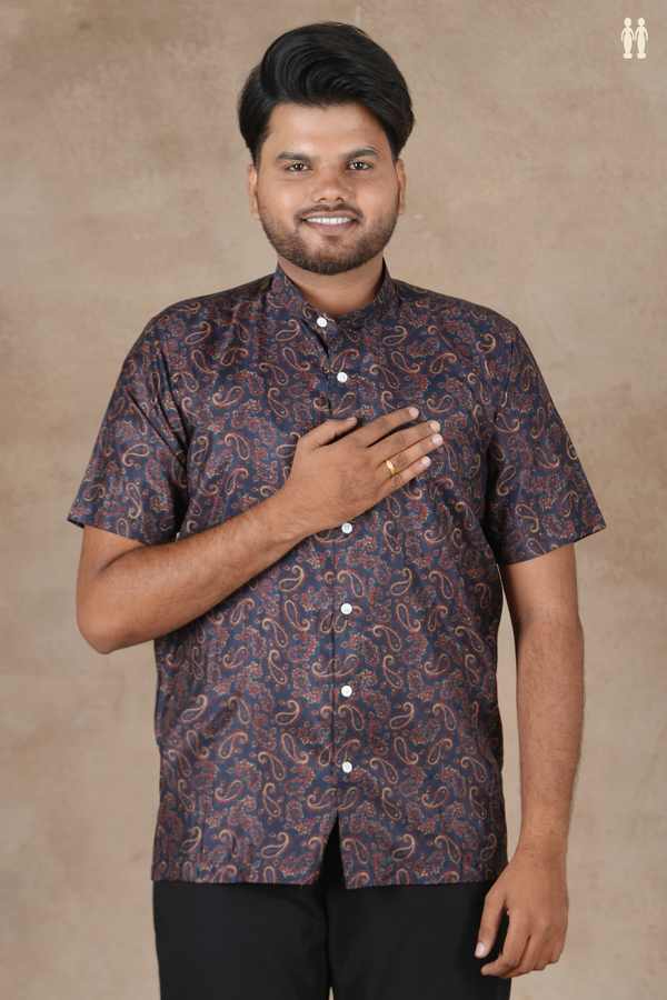 Chinese Collar Paisley Design Midnight Blue Silk Shirt