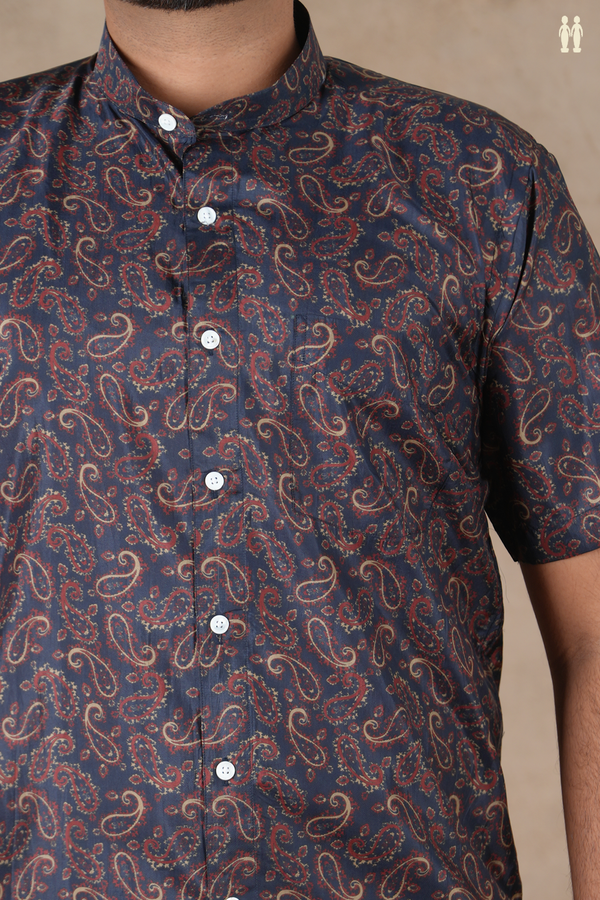 Chinese Collar Paisley Design Midnight Blue Silk Shirt