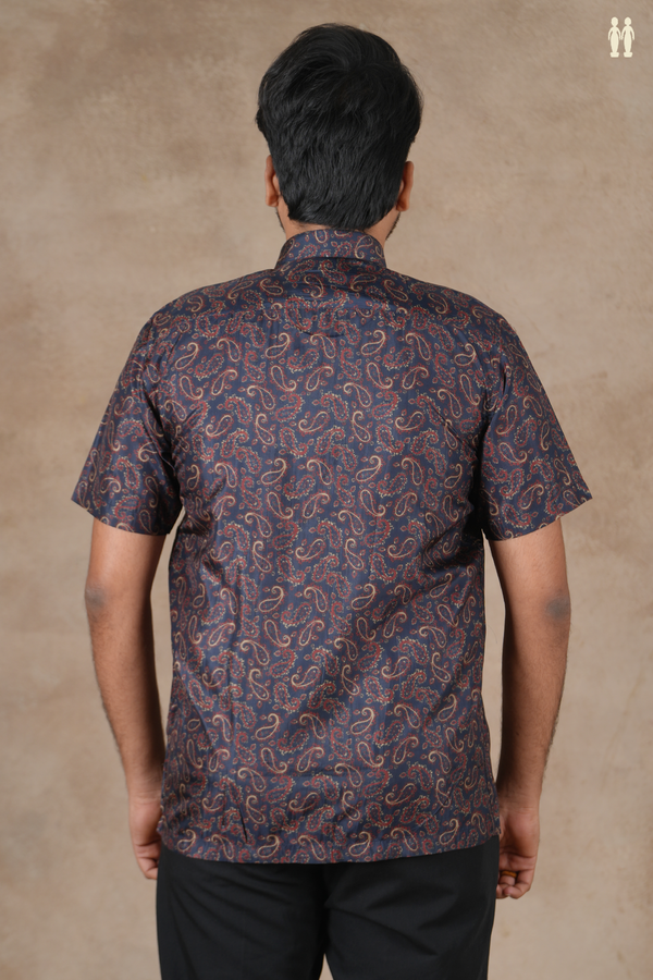 Chinese Collar Paisley Design Midnight Blue Silk Shirt