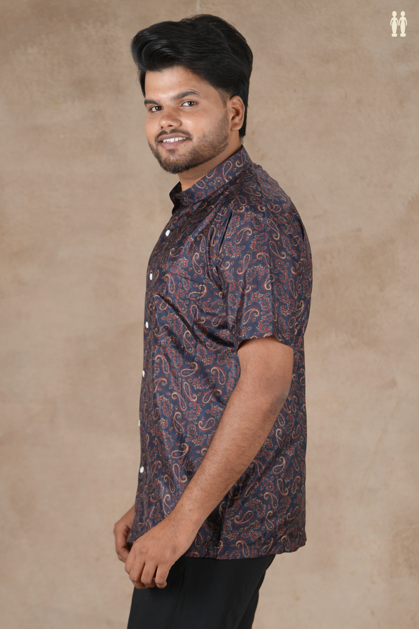 Chinese Collar Paisley Design Midnight Blue Silk Shirt