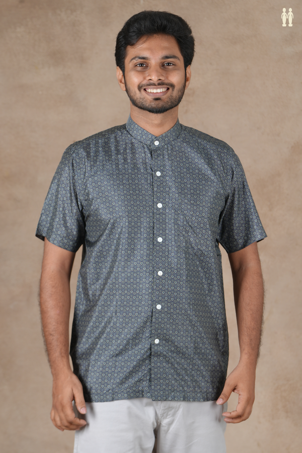 Regular Collar Printed Design Greyish Blue Silk Shirt