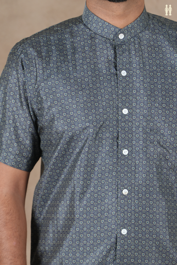 Regular Collar Printed Design Greyish Blue Silk Shirt