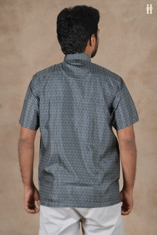 Regular Collar Printed Design Greyish Blue Silk Shirt