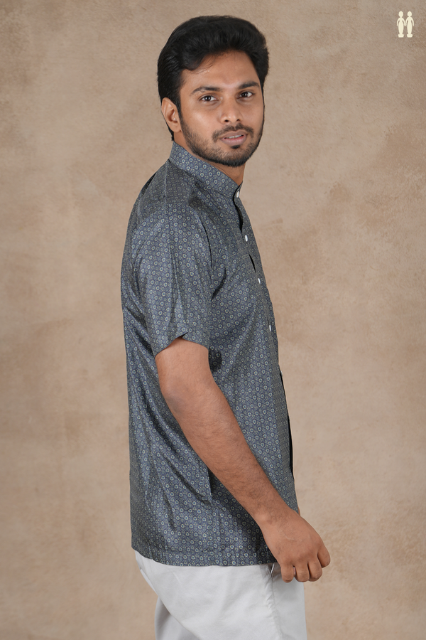 Regular Collar Printed Design Greyish Blue Silk Shirt