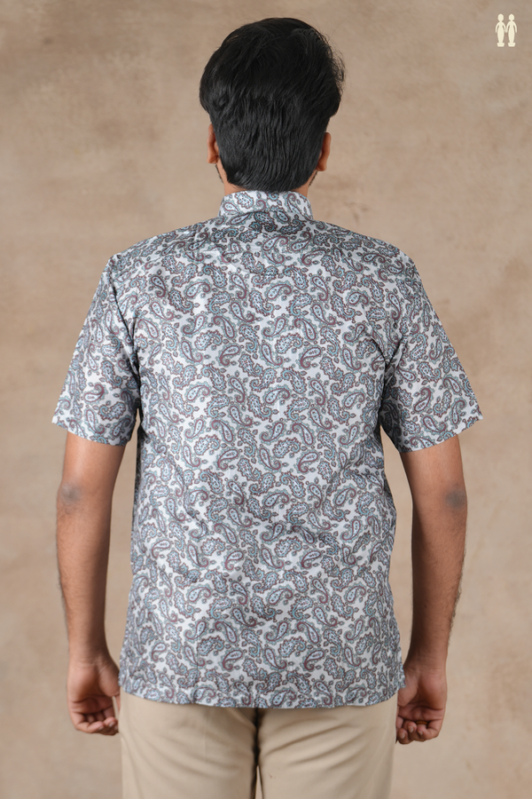 Chinese Collar Paisley Design Light Grey Silk Shirt