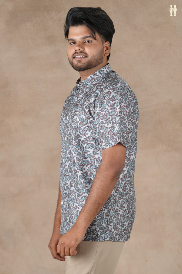 Chinese Collar Paisley Design Light Grey Silk Shirt