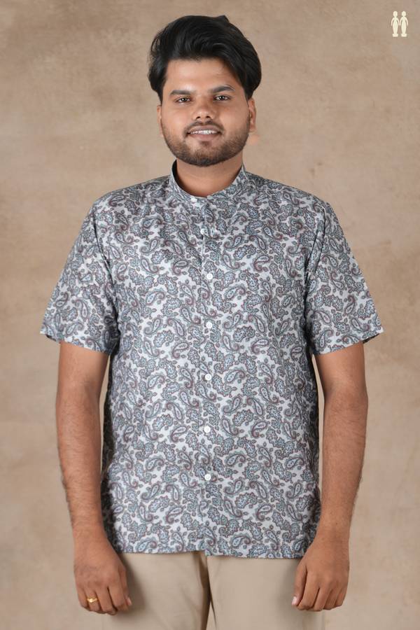 Chinese Collar Paisley Design Light Grey Silk Shirt