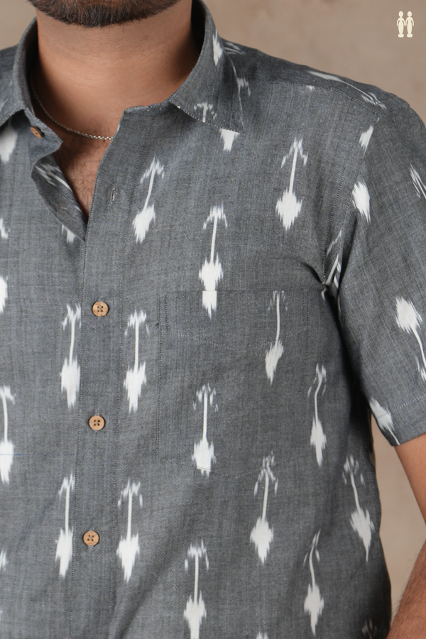 Regular Collar Ikat Design Grey Cotton Shirt