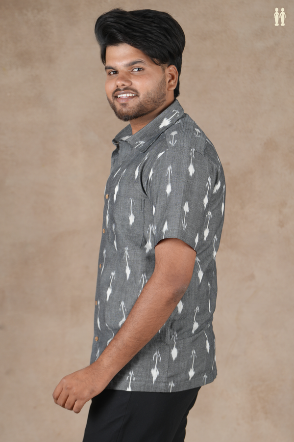 Regular Collar Ikat Design Grey Cotton Shirt