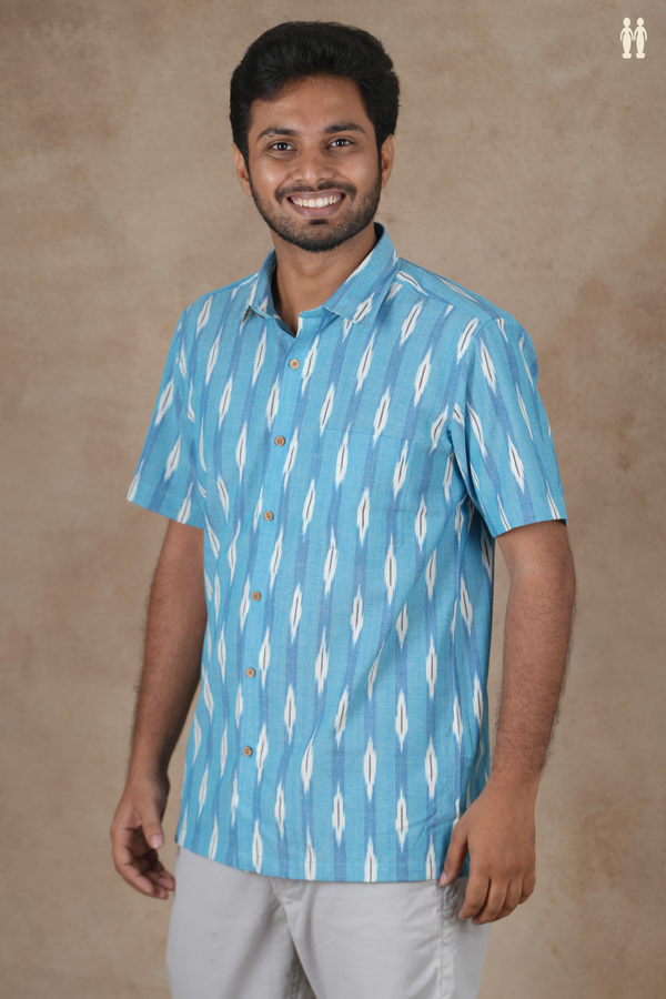 Regular Collar Ikat Buttas Blue Cotton Shirt