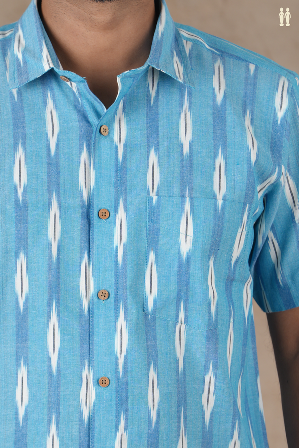 Regular Collar Ikat Buttas Blue Cotton Shirt